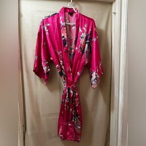 Pink Peacock Cherry Blossom Satin Kimono Robe XL Oriental Boudoir Cottagecore